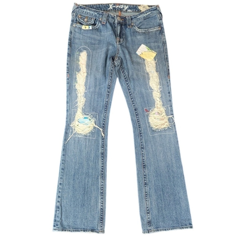 X-Ray Womens Jeans 26 x 32 Distressed Patchwork Rose Boho Y2K Flare Distressed